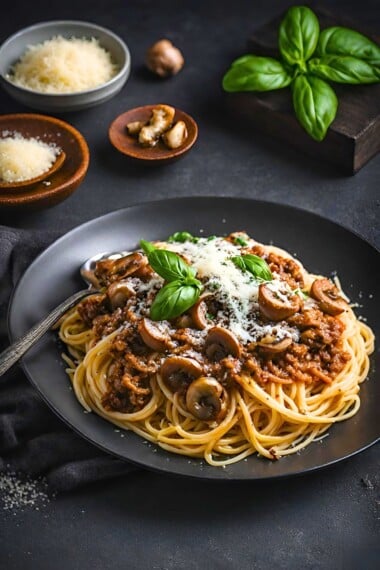 This Bolognese Sauce (aka Sunday Sauce) is hearty, robust and full of depth and flavor! Make it in a slow cooker, on the stovetop or in an Instant pot. We lighten it up with ground turkey (optional) and add mushrooms for extra umami.