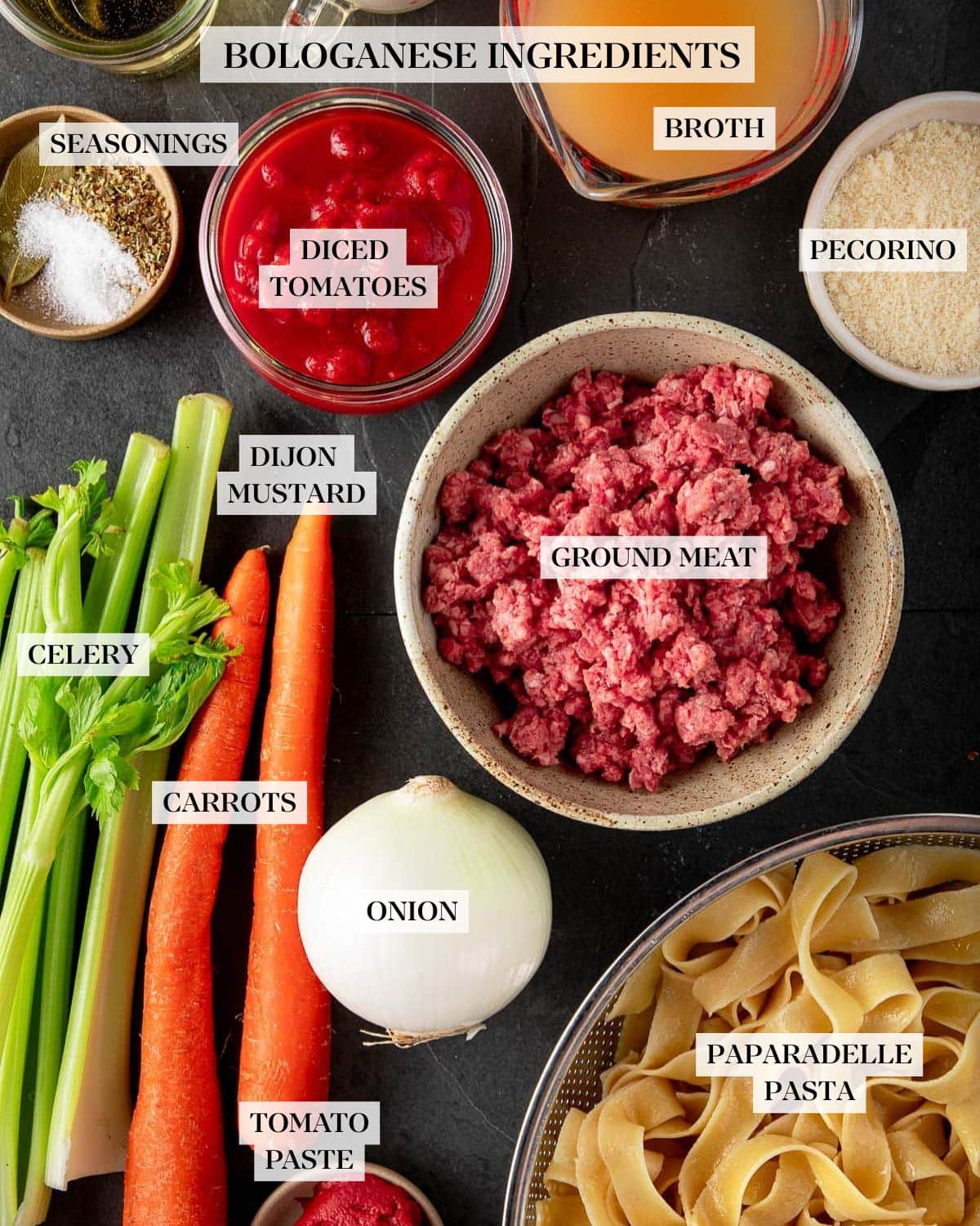 ingredients for bolognese neatly arranged and labeled - seasonings, diced tomatoes, broth, pecorino, celery, carrots, dijon mustard, ground meat, onion, paparadelle pasta, and tomato paste.