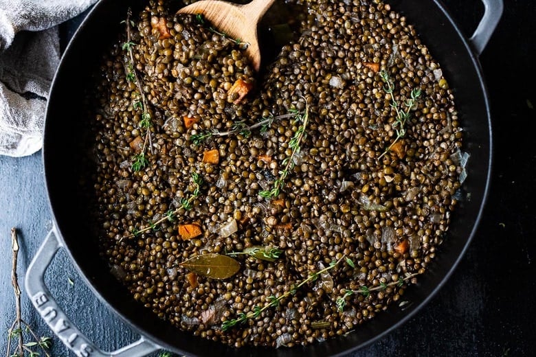 Simple Braised French Lentils - nourishing and comforting and a delicious healthy side dish that pairs well with so many things! Leftovers can be frozen, or repurposed into breakfast or into a salad!Â