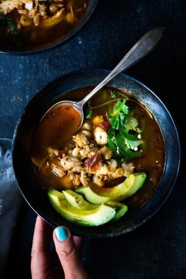 A simple easy recipe for Chicken Pozole that can be made in an Instant Pot or on the stove top. A healthy, delicious, Mexican-inspired weeknight dinner that can be made in 30 minutes! Gluten-free! #instapot #instantpot #pozole #chickenpozole #rojo #weeknightdinner #mexican #healthy