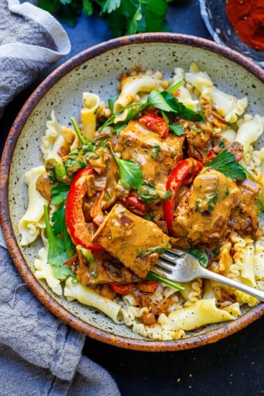 vegetarian paprikash in a bowl with tofu.