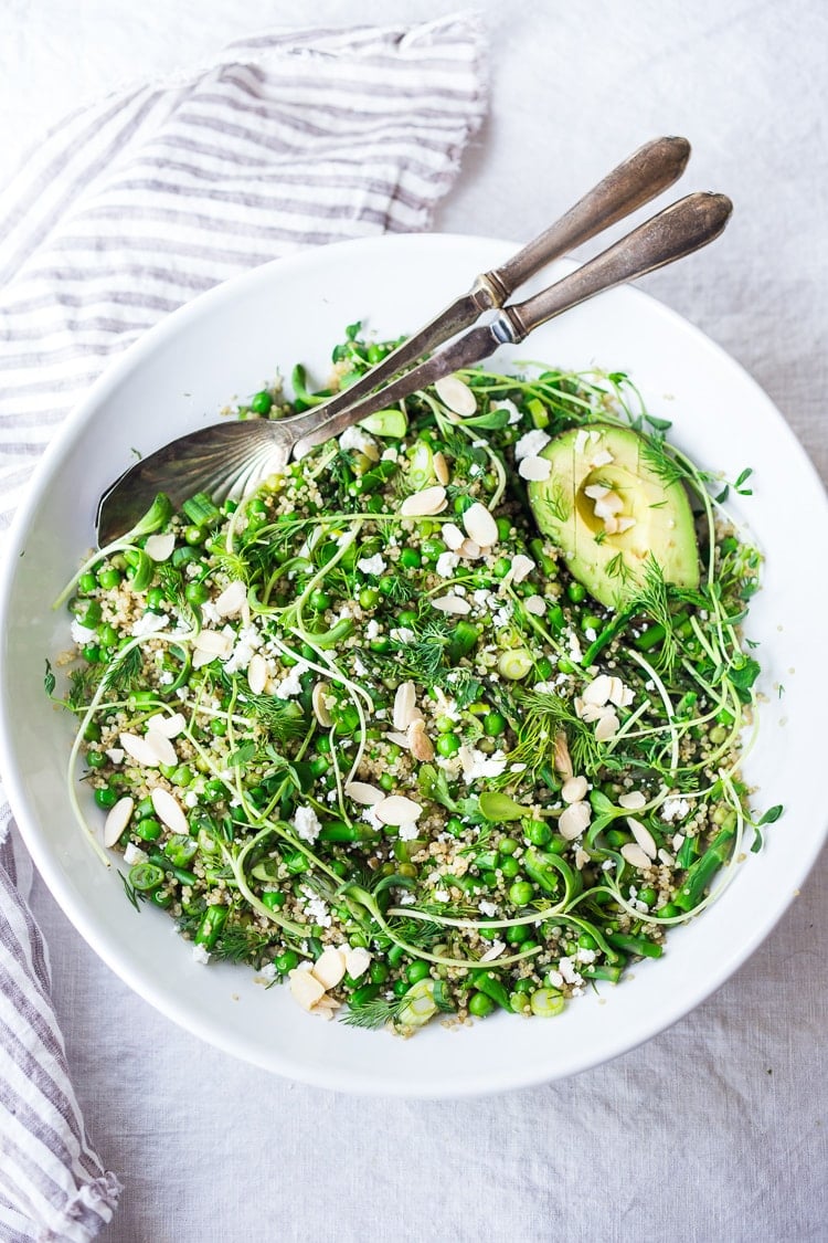 quinoa salad with asparagus A simple recipe for Quinoa Asparagus Salad ( aka Spring Tabouli) tossed with English peas, fresh dill, parsley, toasted almonds in a lemony dressing topped with optional avocado, goat or feta cheese. A healthy, flavorful salad that can be made ahead- perfect for special gatherings or midweek lunches! GF & Vegan adaptable!