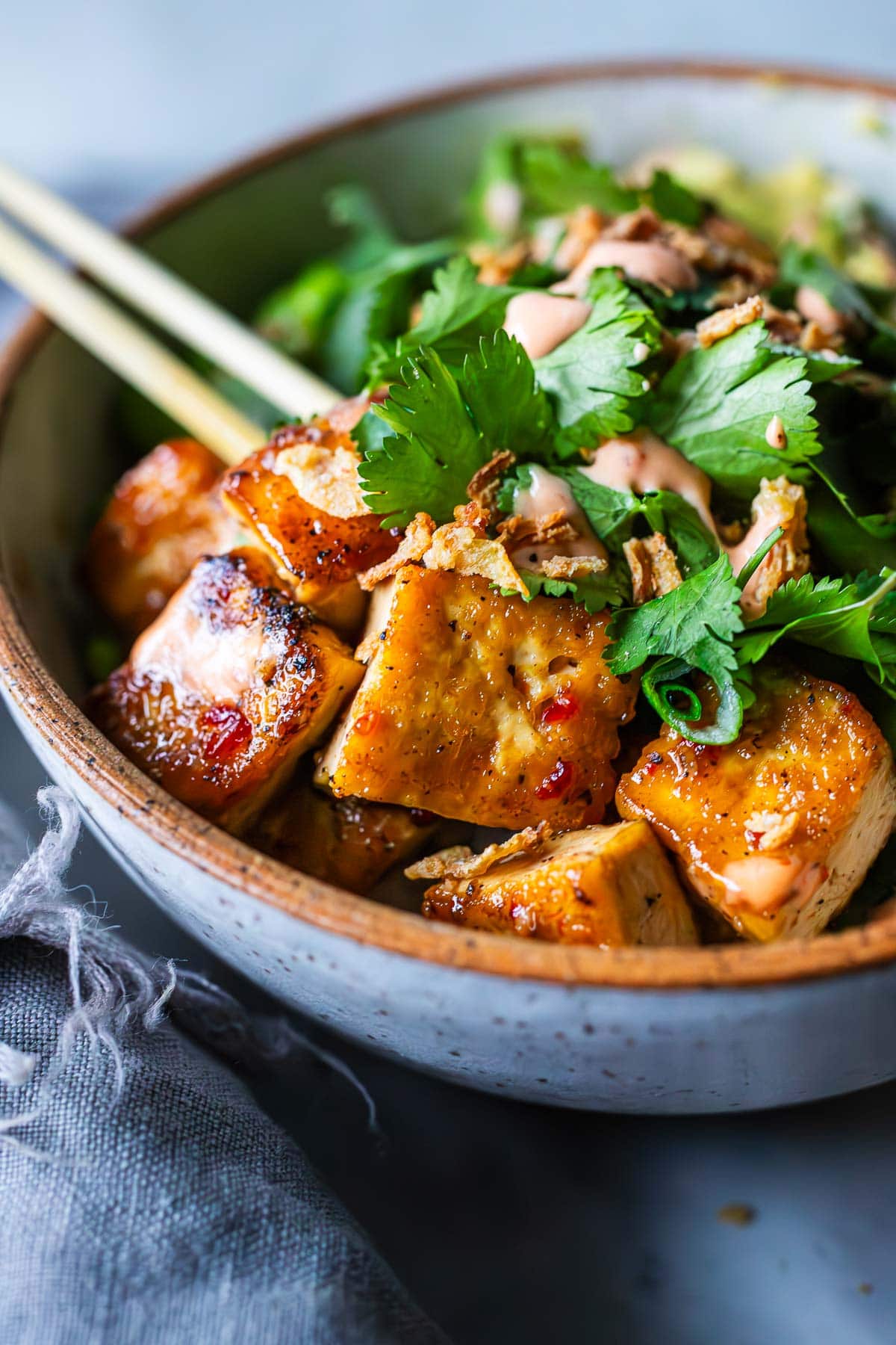 bowl of sticky glazed tofu topped with cilantro, fried shallots, and yum yum sauce. 